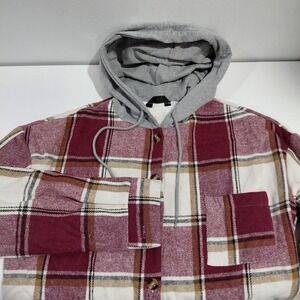 ChicMe Womens Burgundy Plaid Sherpa Lined Hooded Shacket Jacket Size XL